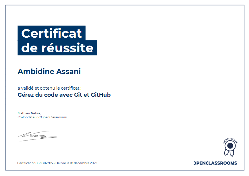 Certification : Gérez du code avec Git et GitHub